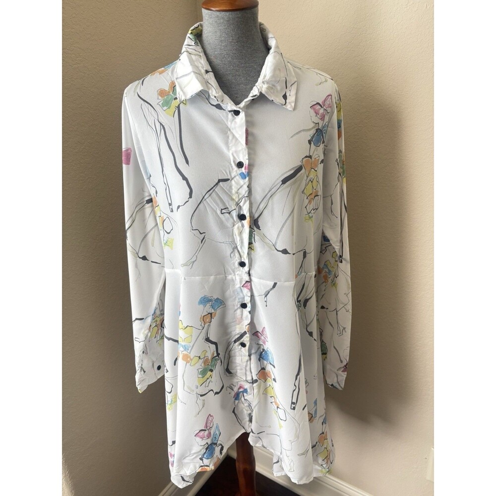 Comfy USA Size Medium White Abstract Art Print Long Sleeve High-Low Tunic Top